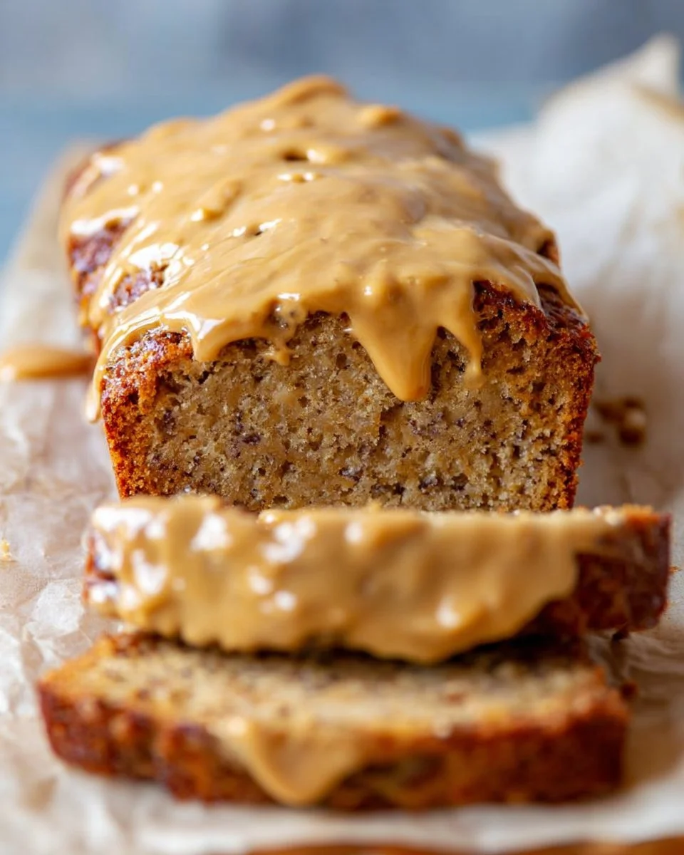 Slice of easy banana bread with peanut butter glaze on a plate