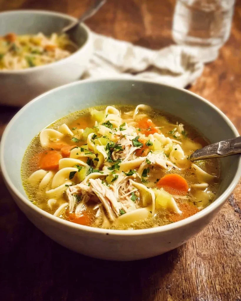 Bowl of easy chicken noodle soup garnished with herbs and vegetables