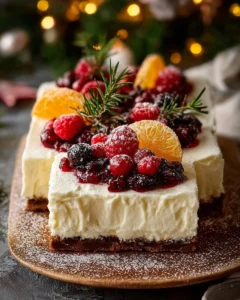 Easy no-bake Christmas cheesecake slab dessert with festive toppings