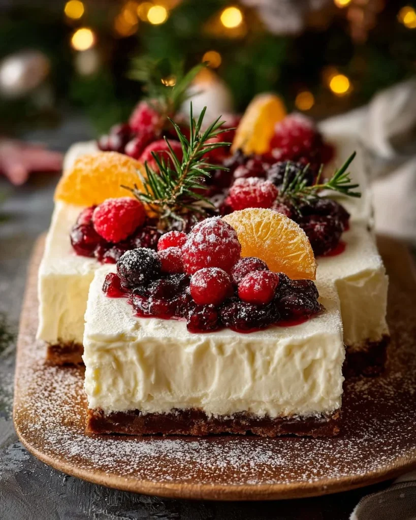 Easy no-bake Christmas cheesecake slab dessert with festive toppings