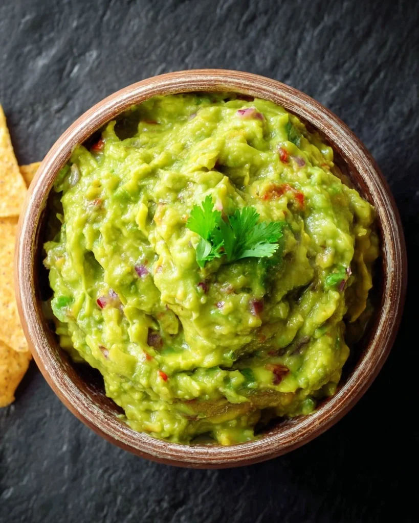 Delicious easy food processor guacamole ready to enjoy with chips.