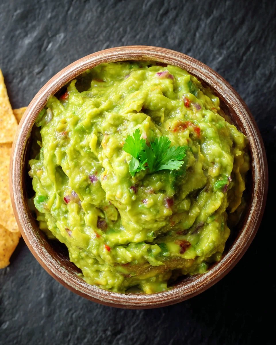 Delicious easy food processor guacamole ready to enjoy with chips.