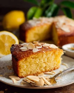 Easy Lemon Coconut Almond Cake with coconut flakes and almond slices on top