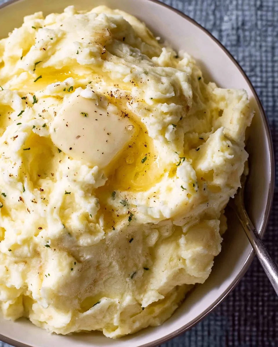 Bowl of creamy easy mashed potatoes recipe topped with butter and herbs