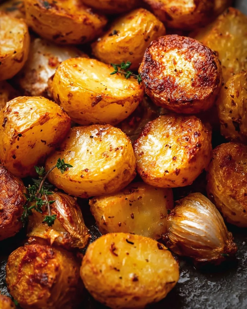 Delicious easy roasted potatoes served in a bowl, golden brown and crispy.
