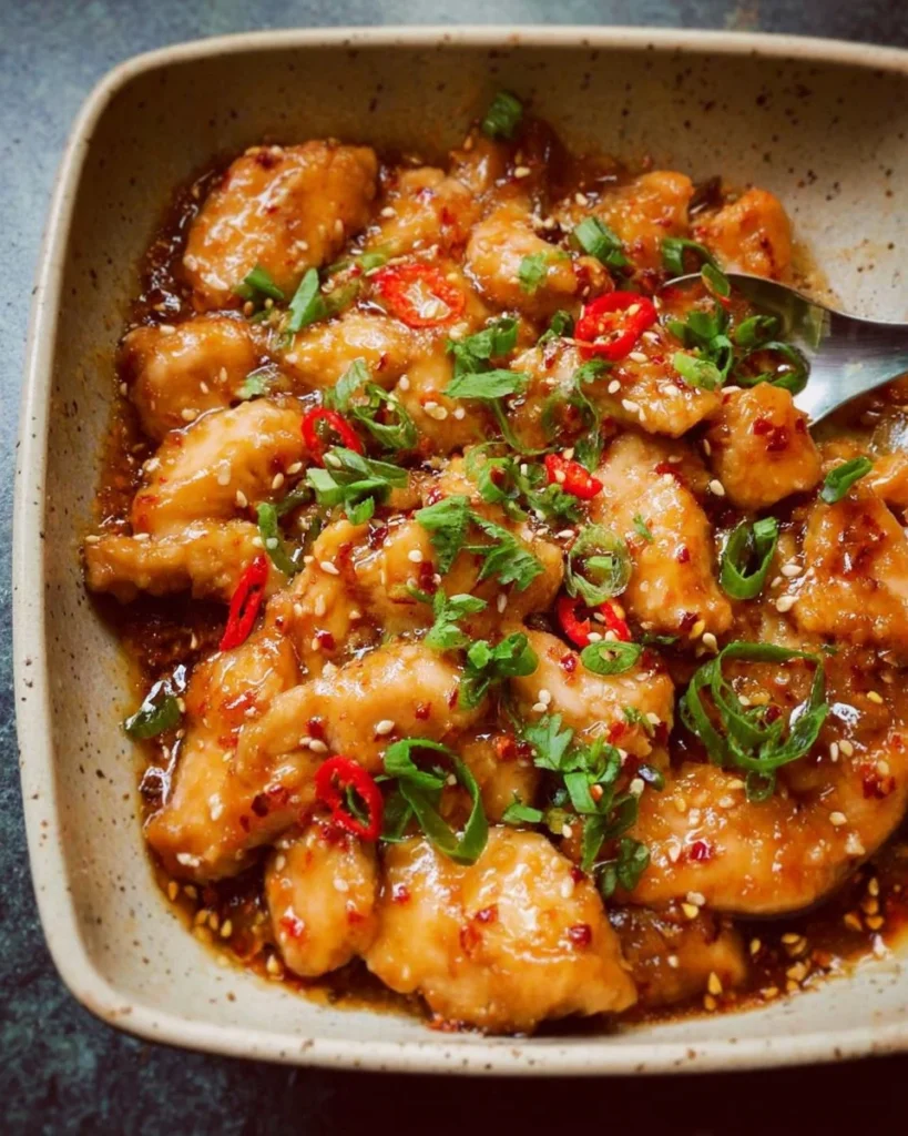 Delicious plate of easy sweet chili chicken garnished with herbs