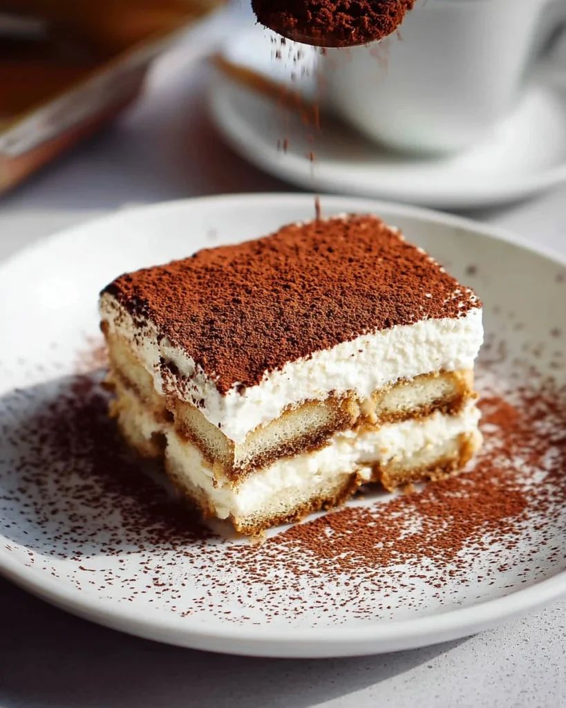 Delicious and easy tiramisu dessert recipe with layers of coffee and mascarpone.