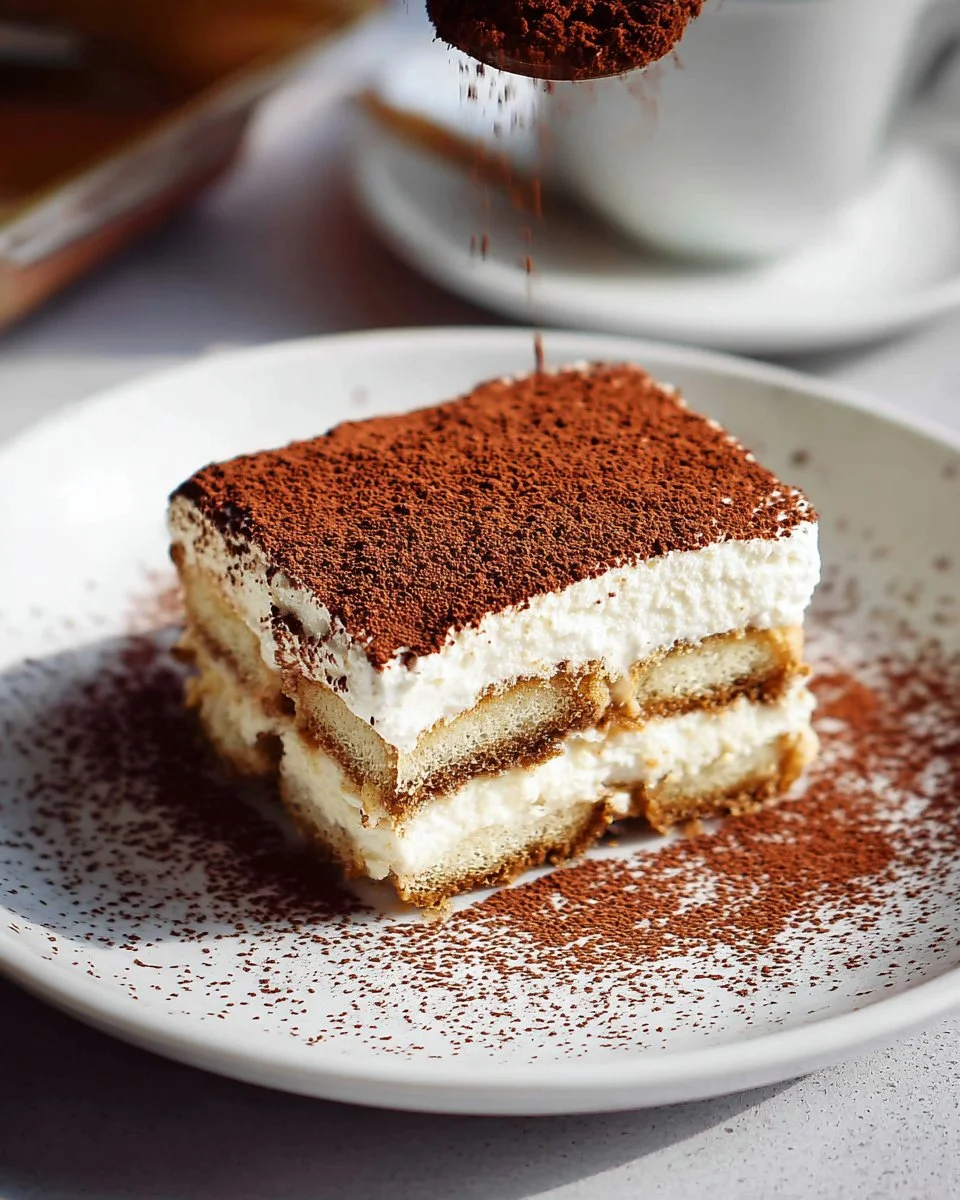 Delicious and easy tiramisu dessert recipe with layers of coffee and mascarpone.