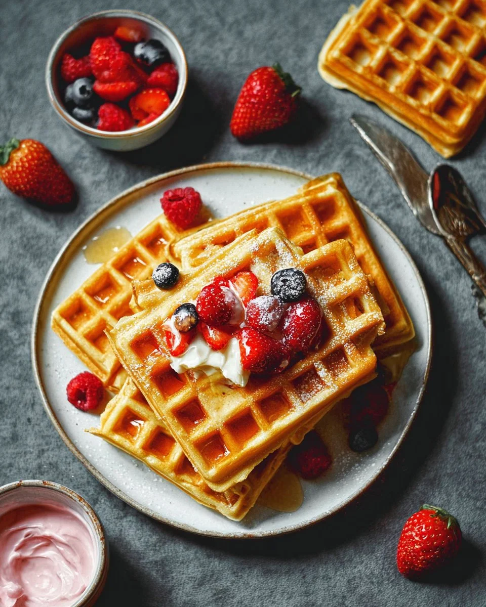 Easy and fluffy waffles served with syrup and berries