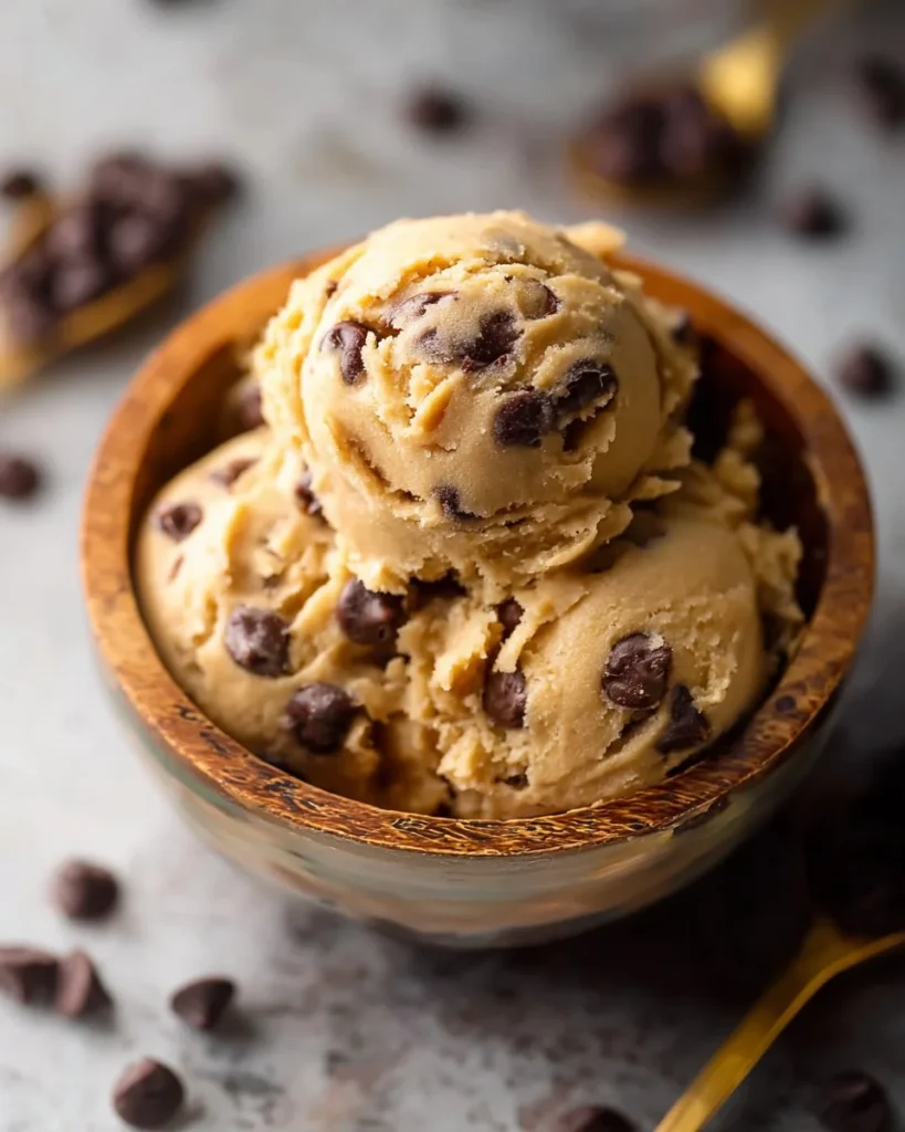 Delicious homemade edible cookie dough with chocolate chips.