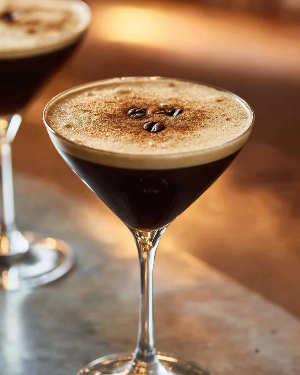 Delicious Espresso Martini cocktail garnished with coffee beans