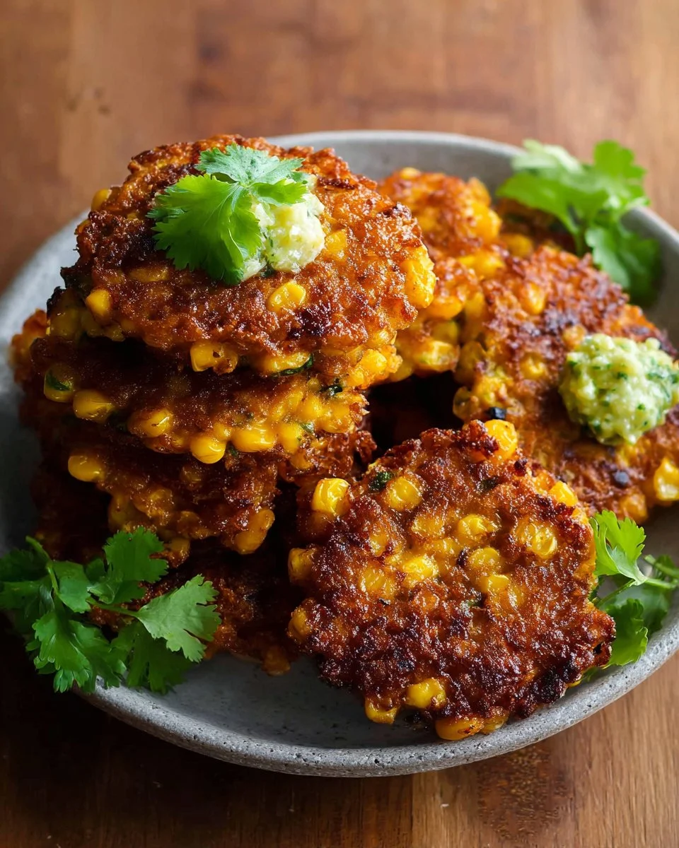Plate of extra crispy corn fritters served with dipping sauce