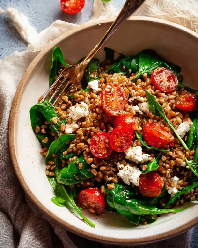 Farro Salad topped with Sizzled Garlic Dressing and fresh vegetables