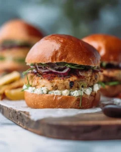 Feta and Sun-Dried Tomato Chicken Burgers topped with Pesto Mayo