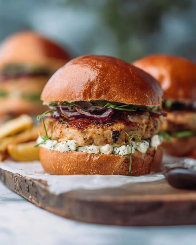 Feta and Sun-Dried Tomato Chicken Burgers topped with Pesto Mayo