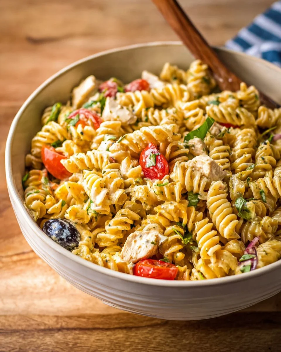 Fiesta Ranch Chicken Pasta Salad served in a bowl with colorful ingredients