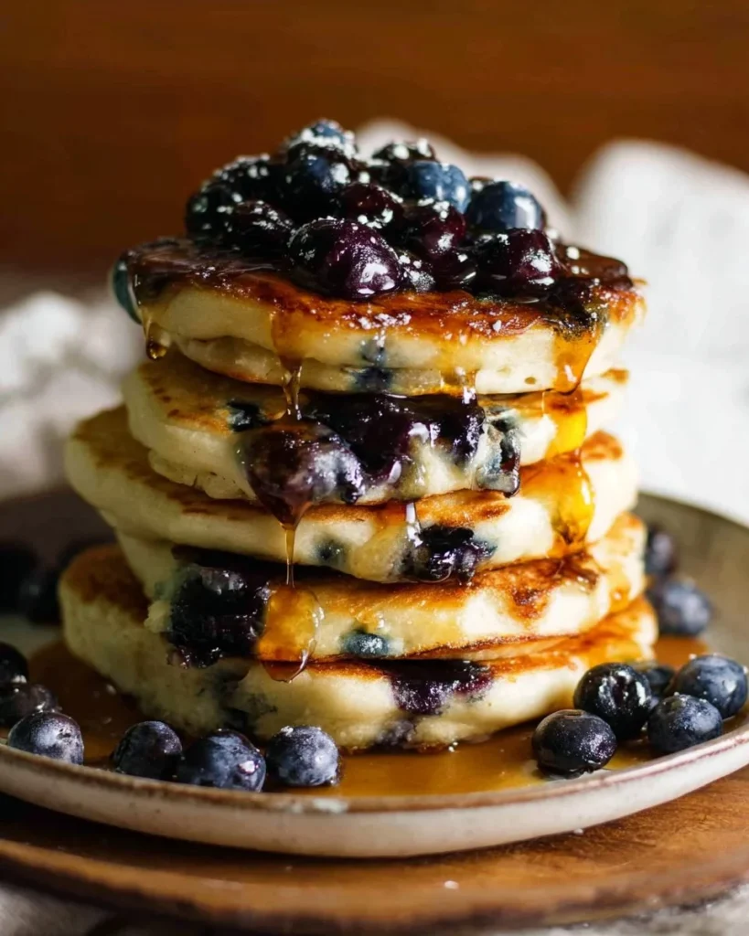 Fluffy blueberry pancakes stacked with fresh blueberries and syrup