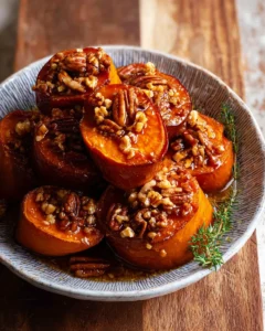 Fondant slow-roasted sweet potatoes with maple butter pecans on a serving dish.