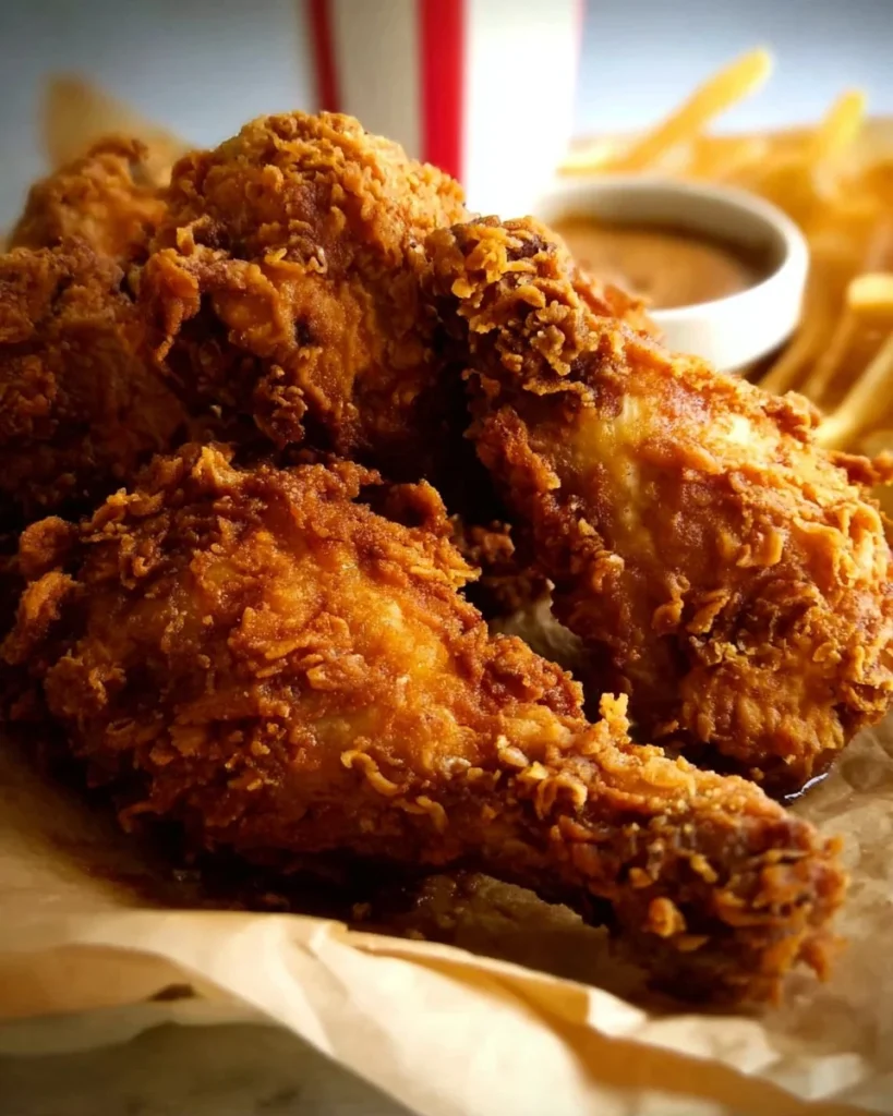Delicious fried chicken with ultra craggy crispy crust served on a plate