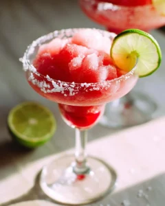 Refreshing Frozen Cherry Limeade Margarita in a glass with lime and cherry