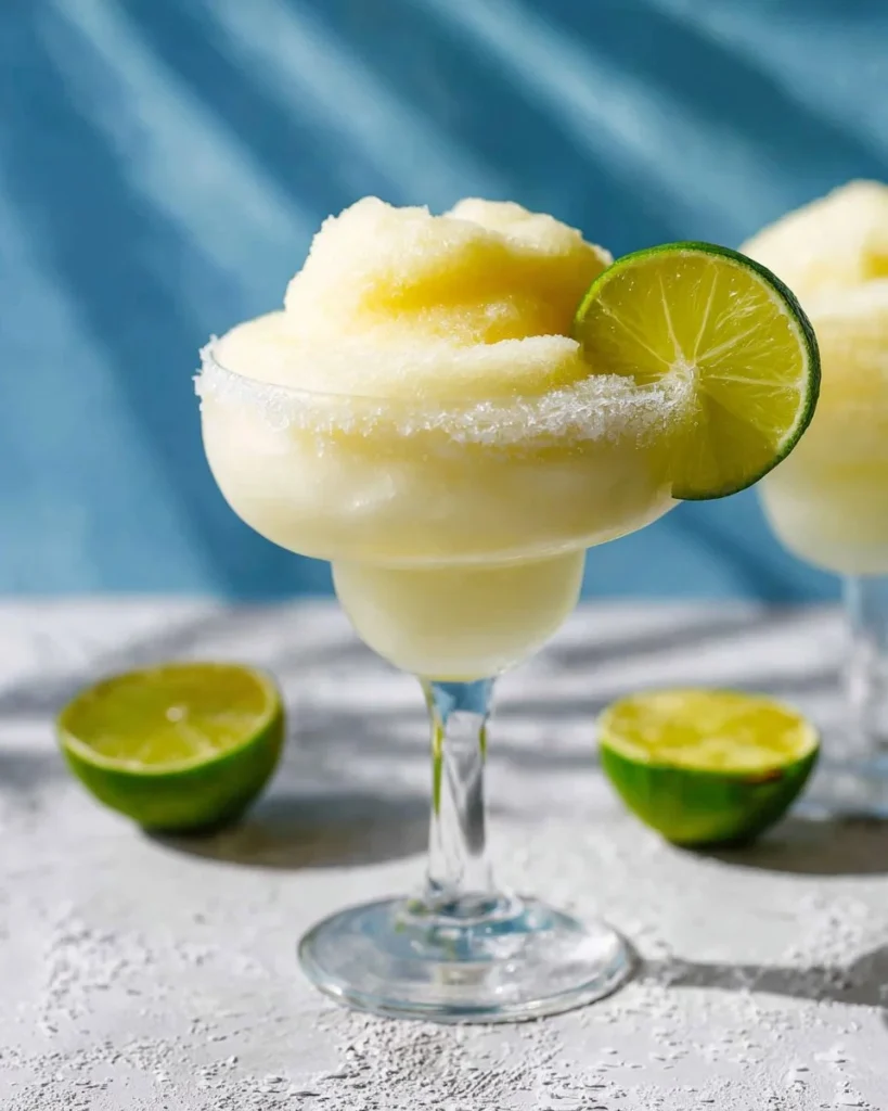 Delicious frozen margarita in a glass with a lime garnish
