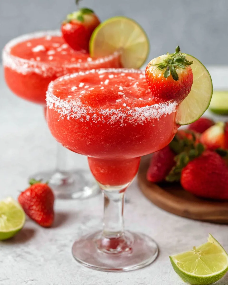 Frozen Strawberry Margarita served in a glass with fresh strawberries and lime