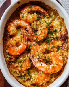 Garlic butter baked shrimp served in a dish with herbs and spices