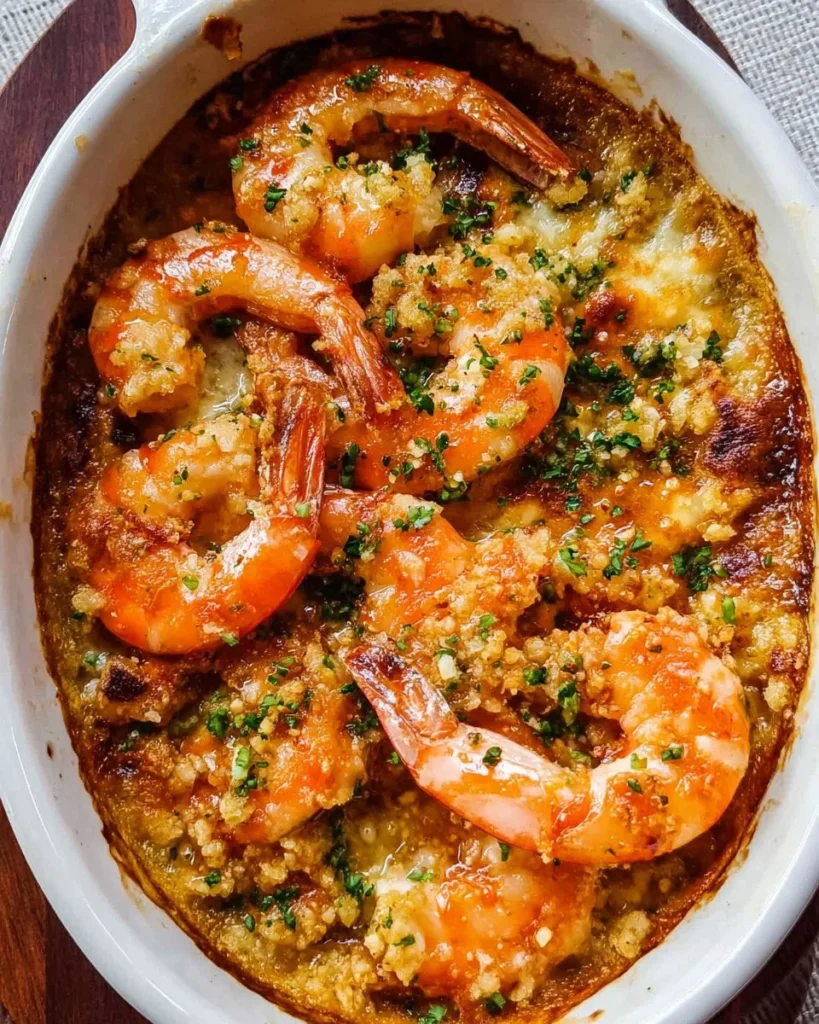 Garlic butter baked shrimp served in a dish with herbs and spices