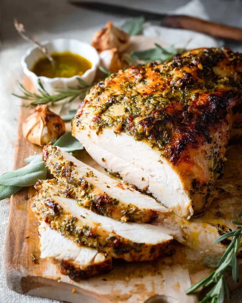 Garlic Herb Butter Roasted Turkey Breast served on a festive table