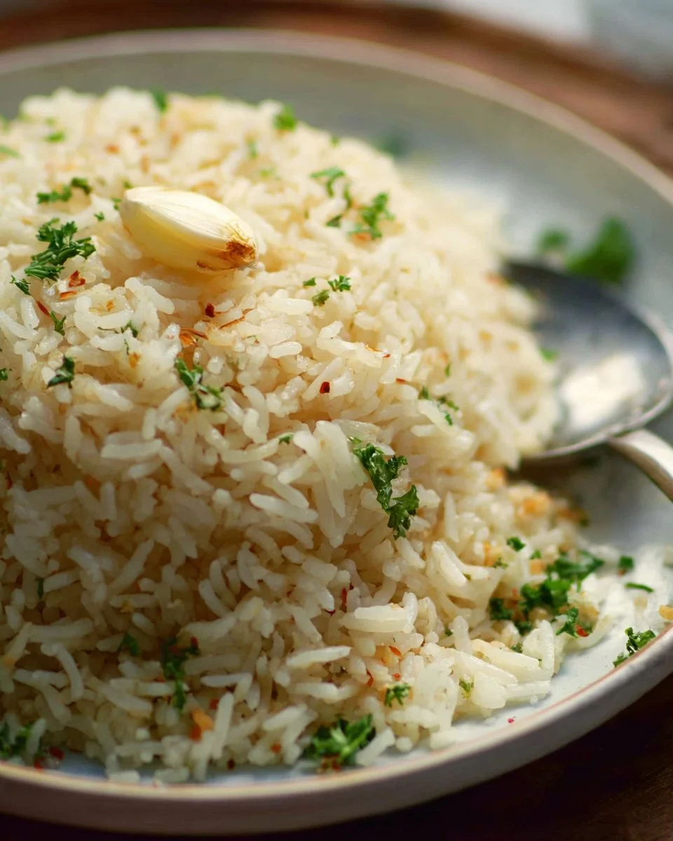 Delicious garlic rice served in a bowl, garnished with herbs.