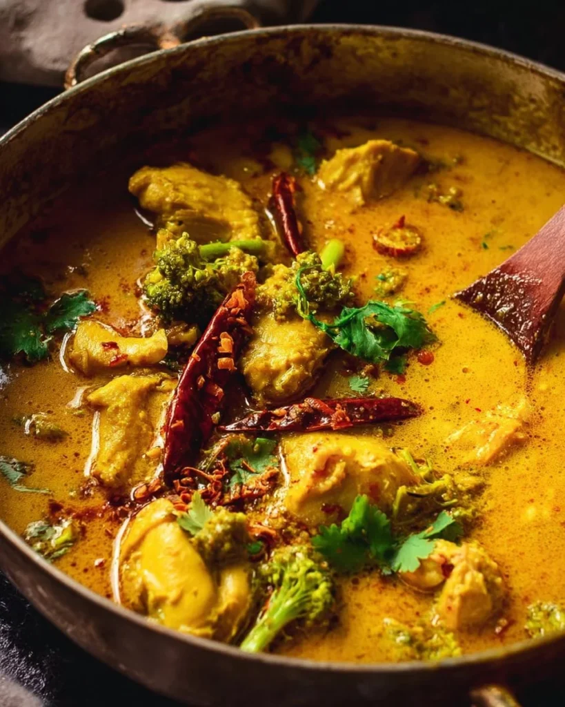 Bowl of golden coconut chicken curry garnished with fresh herbs and served with rice