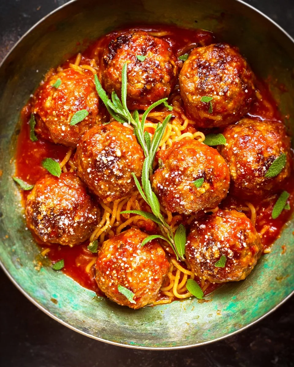 Homemade Grandma's meatball recipe with rich sauce and herbs