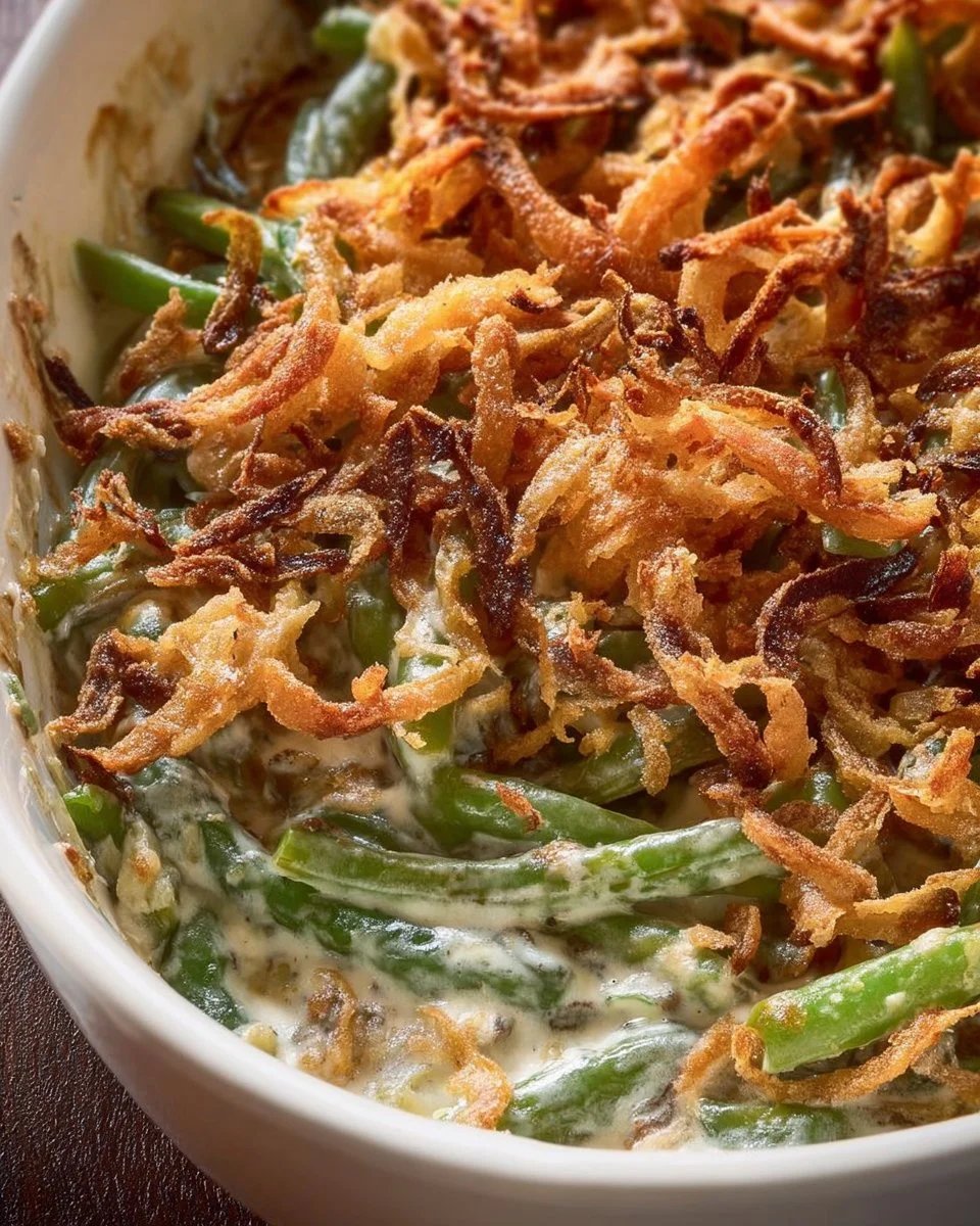 Delicious green bean casserole garnished with crispy onions and served in a dish