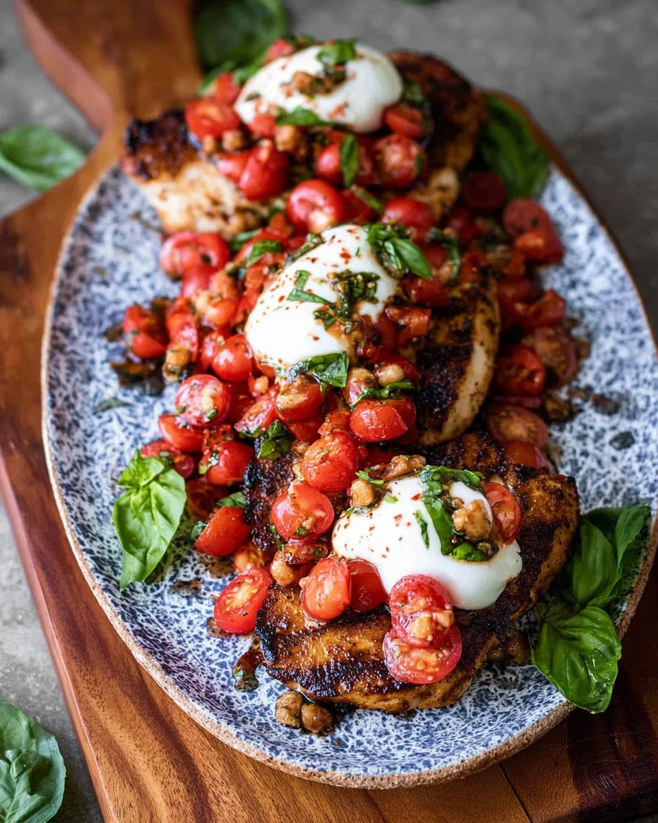 Grilled Bruschetta Chicken Caprese served with vibrant tomatoes and basil