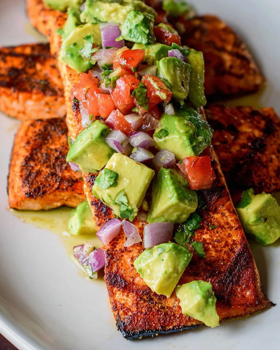 Grilled salmon fillet served with vibrant avocado salsa
