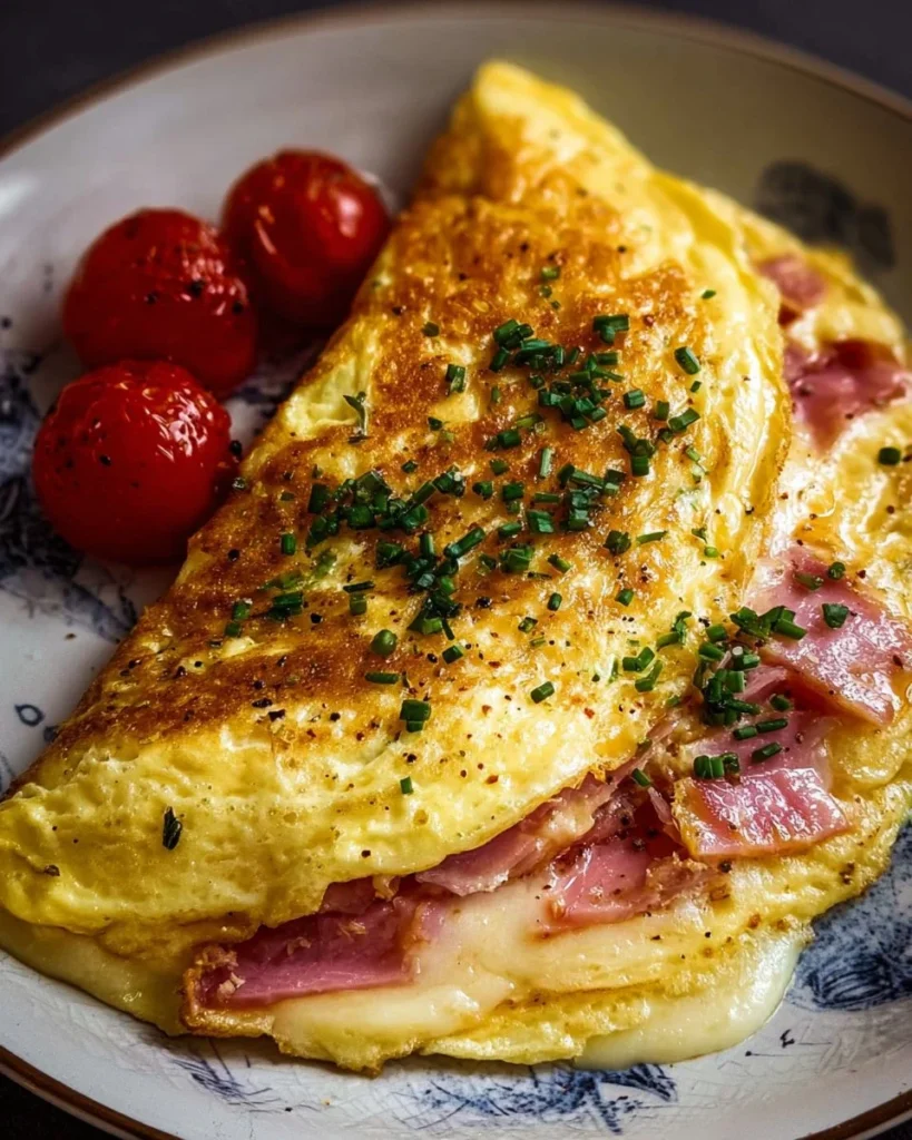 Delicious ham and cheese omelette served on a plate with fresh herbs