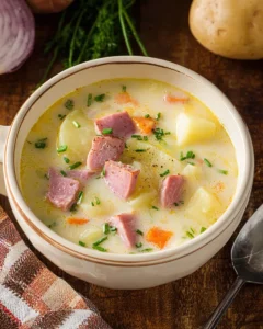 Creamy Ham and Potato Soup in a bowl with fresh herbs on top