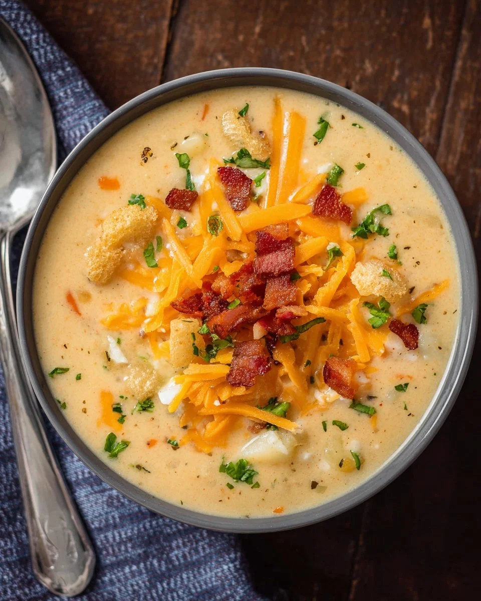 Bowl of creamy Hash Brown Potato Soup topped with cheese and herbs