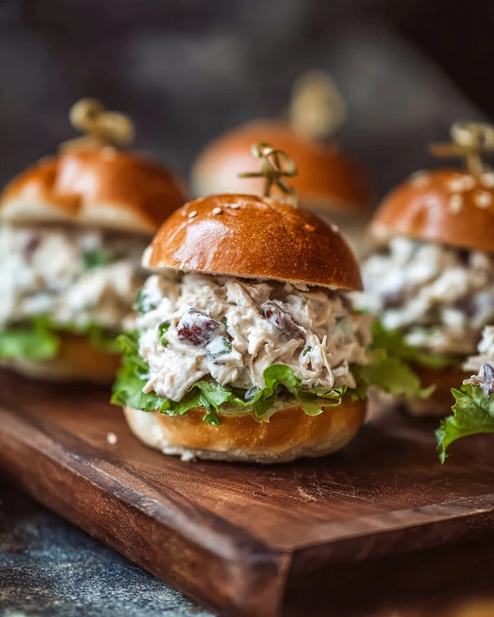 Healthy chicken salad sliders on a platter, garnished with fresh herbs