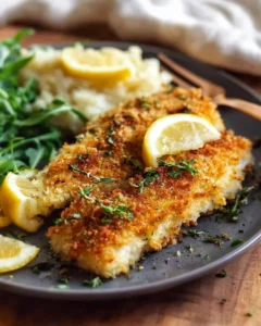 Healthy Parmesan Garlic Crumbed Fish served on a plate with herbs and lemon.