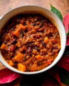 Bowl of hearty vegetarian pumpkin chili topped with fresh herbs