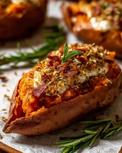 Holiday stuffed sweet potato filled with festive ingredients on a dinner table.