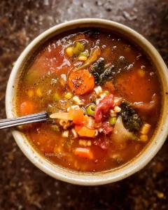 Bowl of homemade alphabet vegetable soup with colorful fresh vegetables