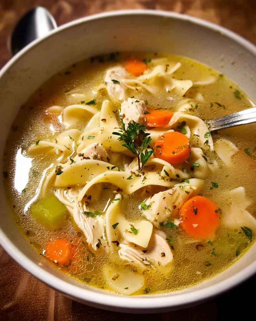 Bowl of homemade chicken noodle soup with fresh ingredients