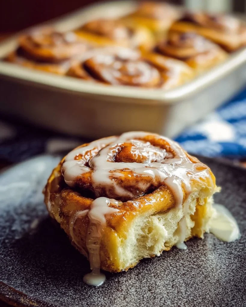 Freshly baked homemade cinnamon rolls with icing on a wooden table