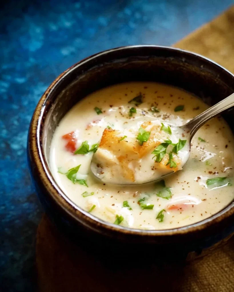 Bowl of homemade cream of chicken soup with herbs and vegetables