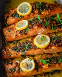 Honey garlic butter baked salmon on a plate garnished with herbs