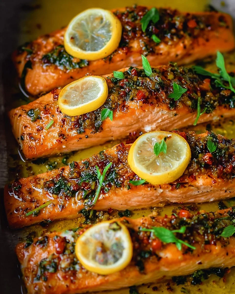 Honey garlic butter baked salmon on a plate garnished with herbs