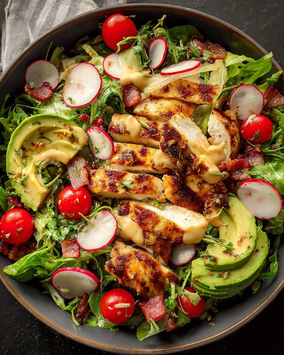 Bowl of Honey Mustard Chicken Salad with fresh vegetables and dressing
