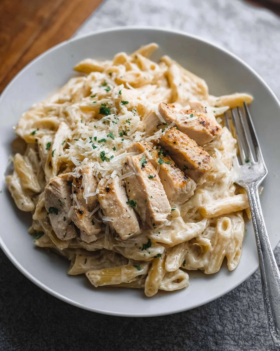 Delicious Instant Pot Chicken Alfredo served on a plate with parsley garnish